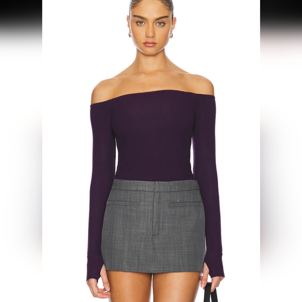 Purple Off-Shoulder Top and Gray Skirt